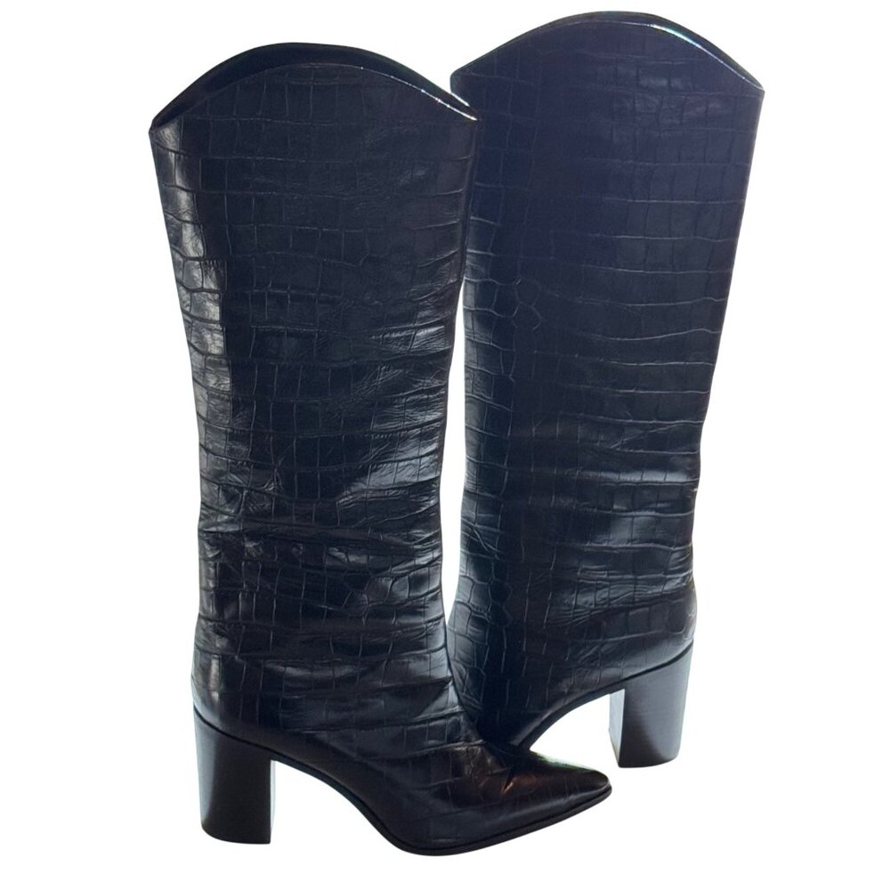 Schutz Mariana Black Crocodile-Embossed Leather Knee-High Black Boots 9.5B - Picture 3 of 14
